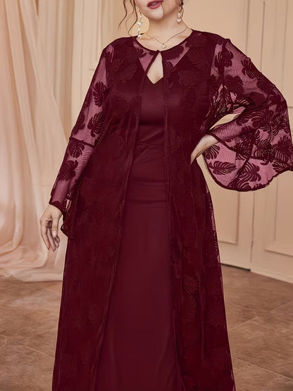 Luxury Plus Size Lace Cardigan with Lotus Sleeves & Elegant Maxi Dress