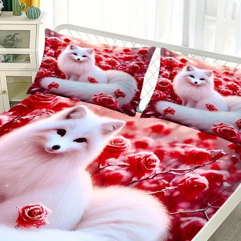 Luxury Rose Pattern Flannel Fitted Bedsheet Set with Pillowcases – Soft Deep Pocket Mattress Cover