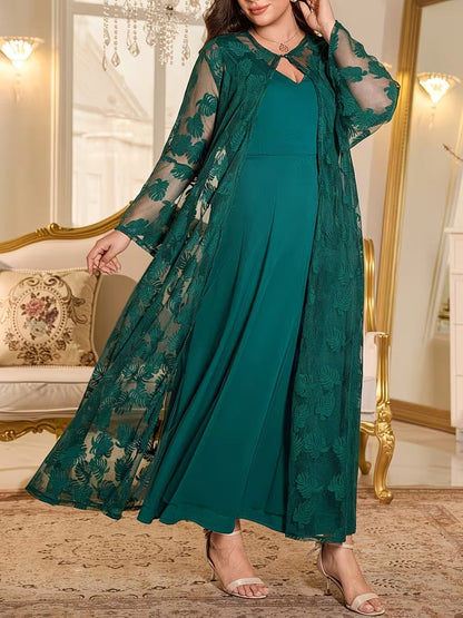 Luxury Plus Size Lace Cardigan with Lotus Sleeves & Elegant Maxi Dress