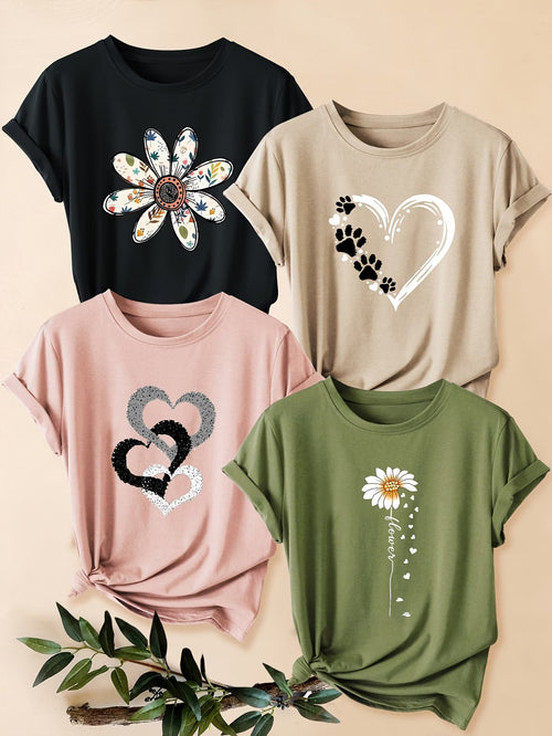 4PCS Women’s Vintage Valentine Print T-Shirts – Short Sleeve Round Neck Casual Tees