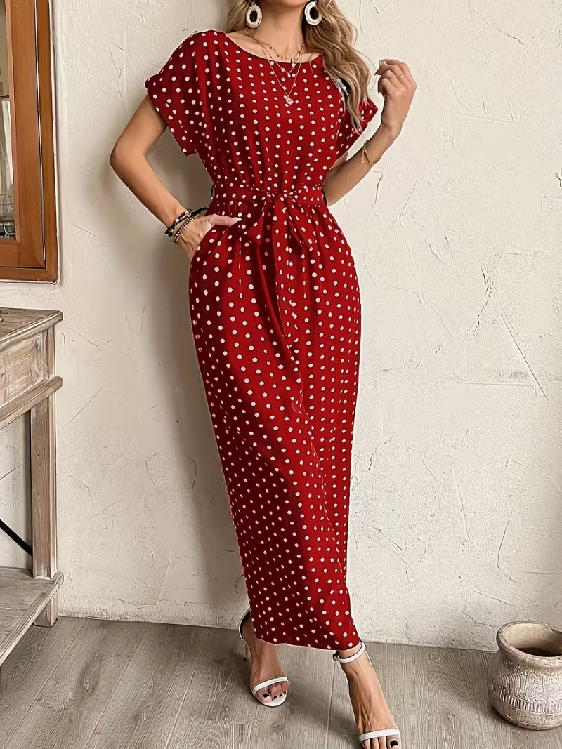 Modern Contrast Print V-Neck Jumpsuit with Elastic Waist & Belt