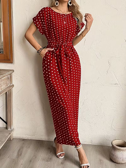 Modern Contrast Print V-Neck Jumpsuit with Elastic Waist & Belt
