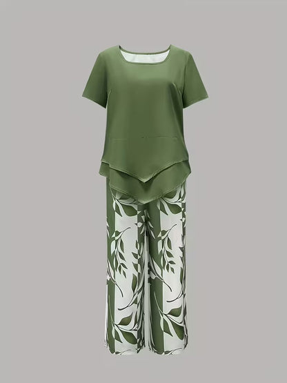 Graceful Tie-Neck Ruffle Top & Printed Pocket Trousers Set