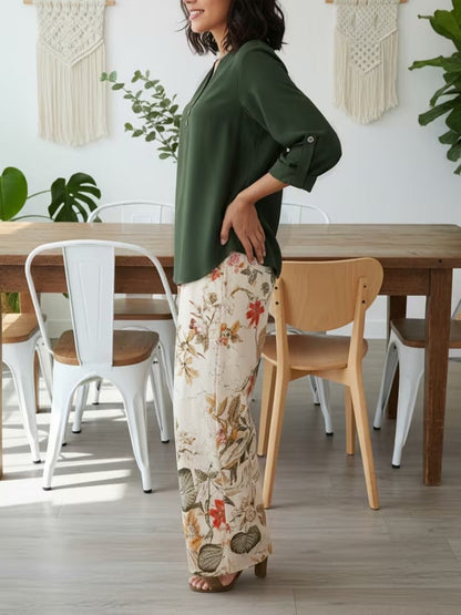 Graceful Tie-Neck Ruffle Top & Printed Pocket Trousers Set
