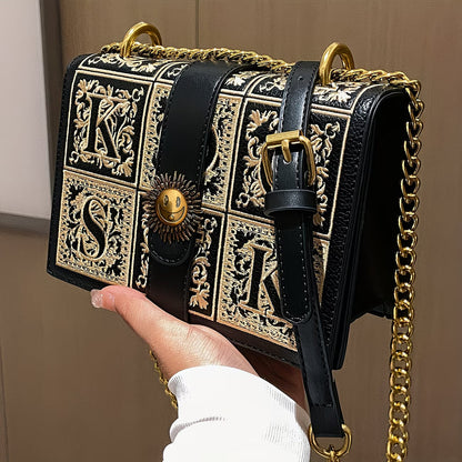 LABOONOO Women’s Chain Crossbody Bag – Geometric Embroidery, Buckle Detail, Small Square Commuter Purse