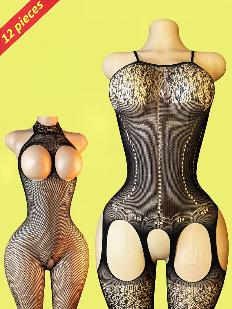 Elegant Lace & Fishnet Bodysuit Set