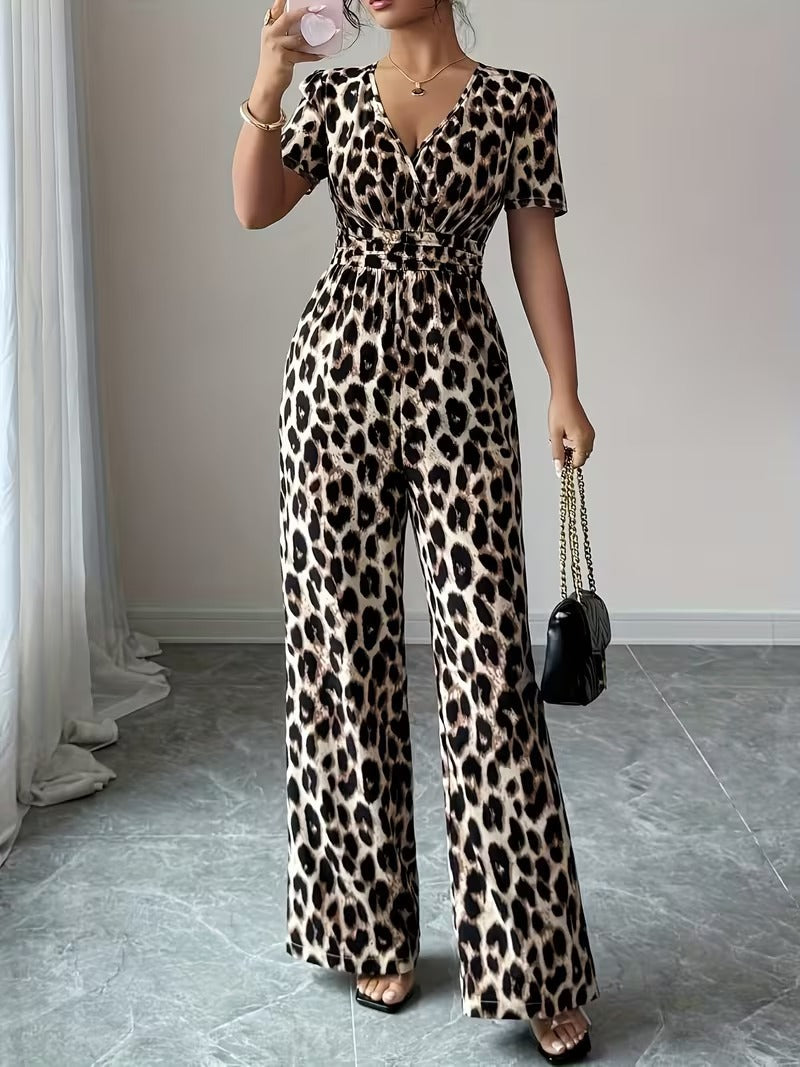 Modern Contrast Print V-Neck Jumpsuit with Elastic Waist & Belt
