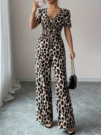 Modern Contrast Print V-Neck Jumpsuit with Elastic Waist & Belt