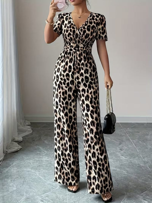 Modern Contrast Print V-Neck Jumpsuit with Elastic Waist & Belt