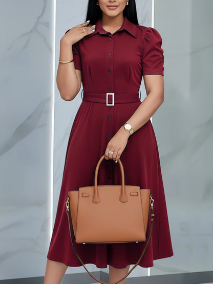 Women’s Lapel Collar Midi Dress with Tie Hem
