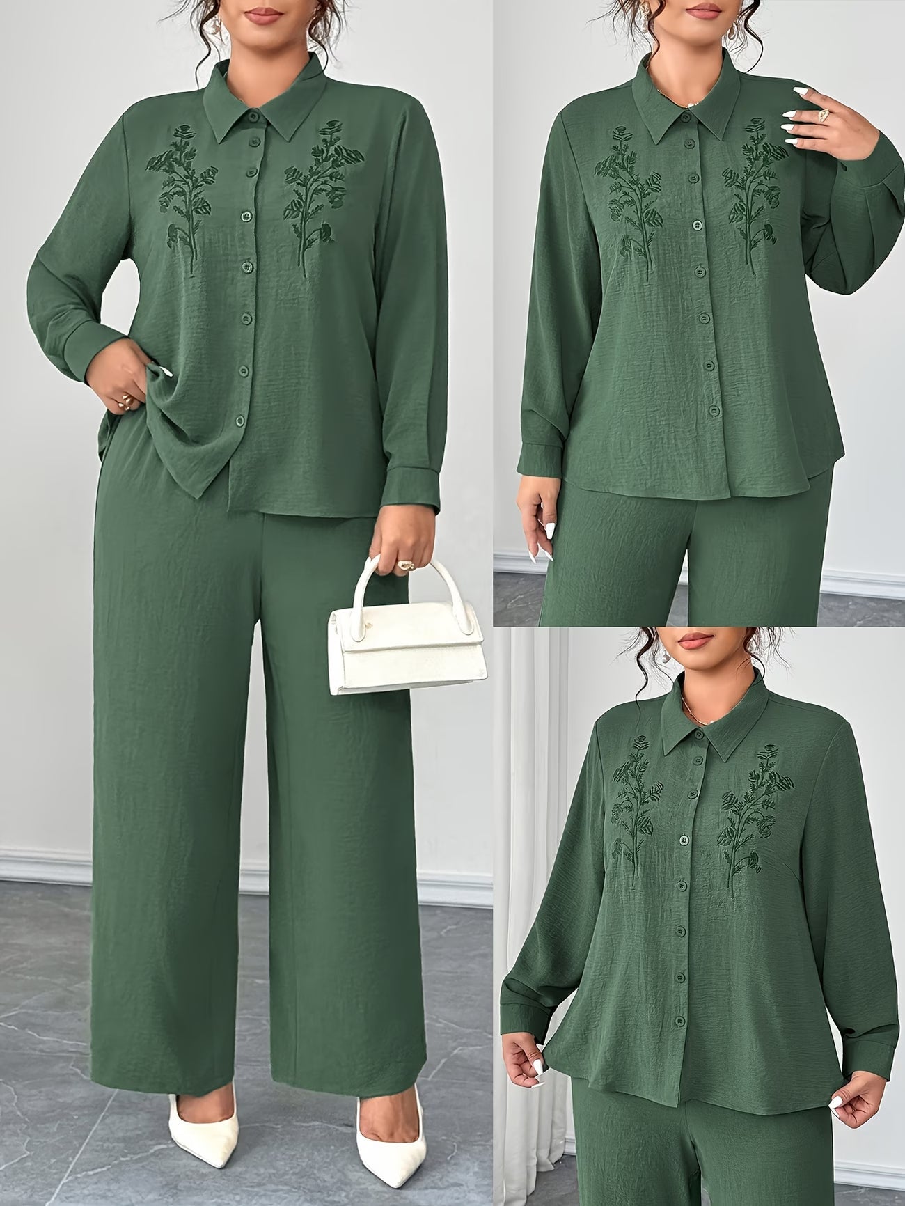 Plus Size Embroidered Oversized Co-Ord Set – Collared Shirt & Elastic Waist Straight-Leg Pants