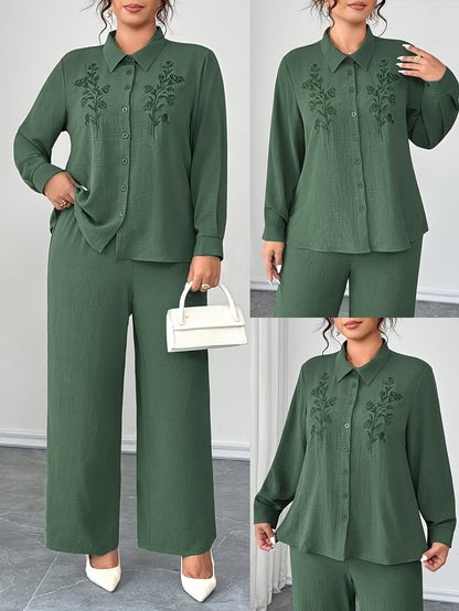 Plus Size Embroidered Oversized Co-Ord Set – Collared Shirt & Elastic Waist Straight-Leg Pants