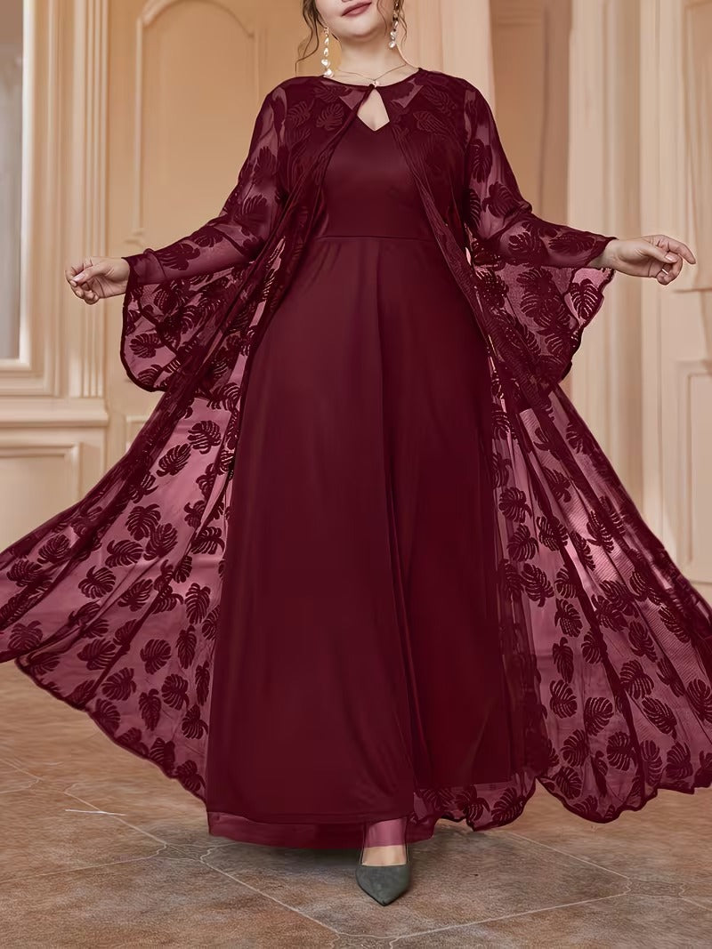 Luxury Plus Size Lace Cardigan with Lotus Sleeves & Elegant Maxi Dress