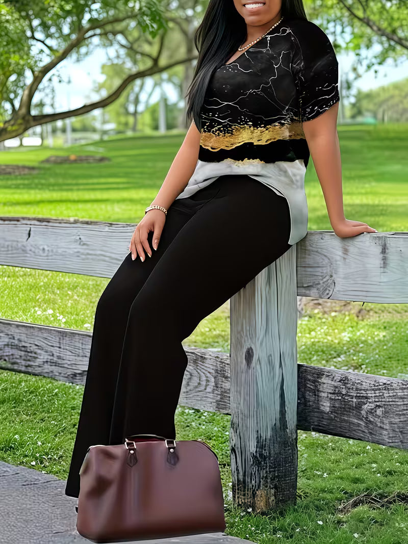 Premium V-Neck Printed Co-Ord Set – Elegant 2PCS Outfit