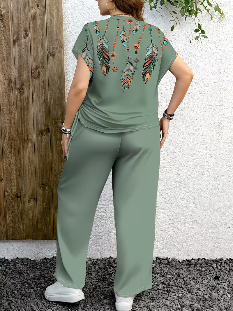 Plus Size Ethnic Print Co-Ord Set for Women – Loose Fit Top & Wide Leg Pants