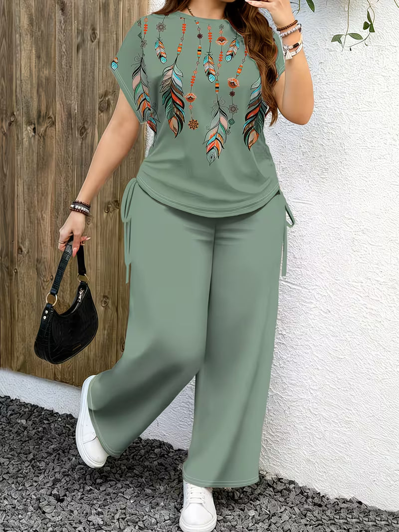Plus Size Ethnic Print Co-Ord Set for Women – Loose Fit Top & Wide Leg Pants