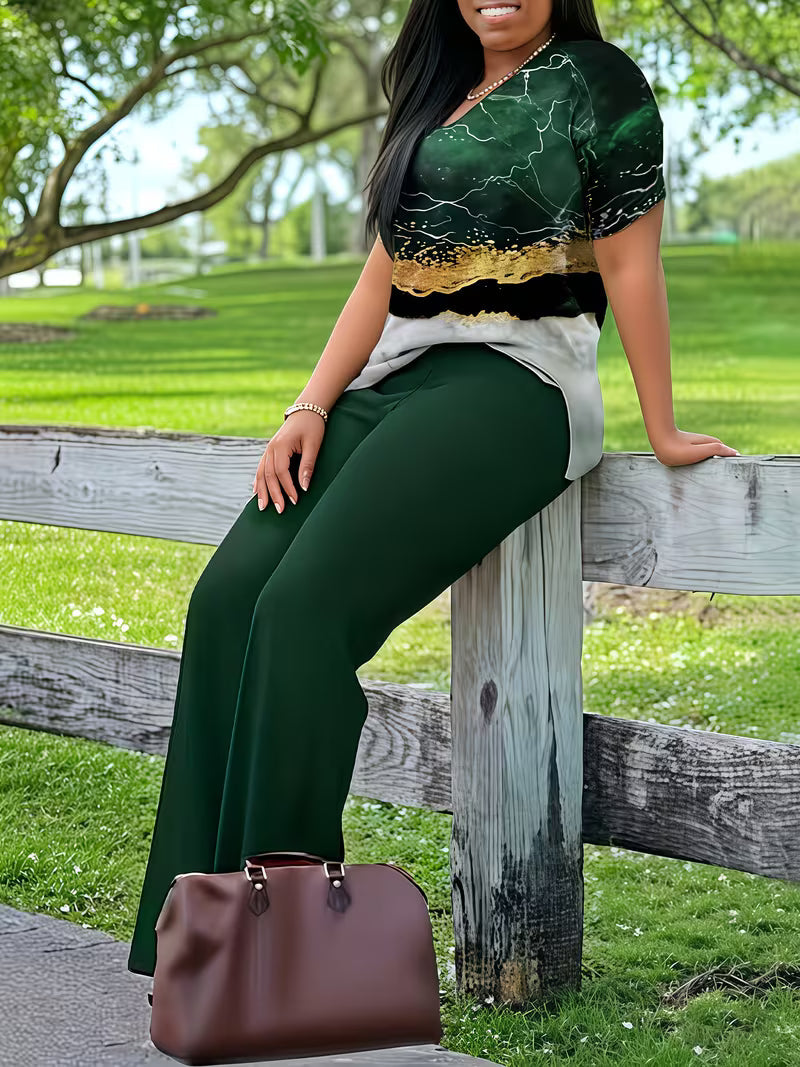 Premium V-Neck Printed Co-Ord Set – Elegant 2PCS Outfit