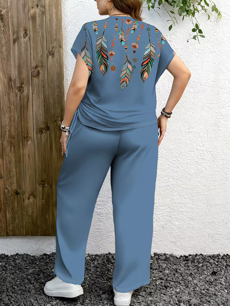 Plus Size Ethnic Print Co-Ord Set for Women – Loose Fit Top & Wide Leg Pants