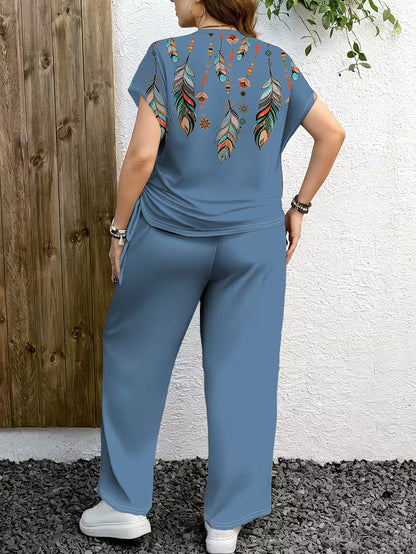 Plus Size Ethnic Print Co-Ord Set for Women – Loose Fit Top & Wide Leg Pants