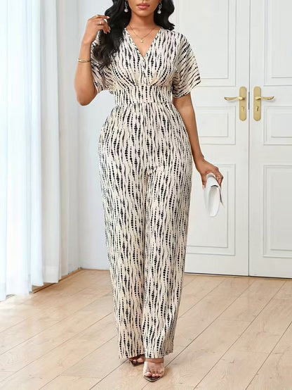 Modern Contrast Print V-Neck Jumpsuit with Elastic Waist & Belt