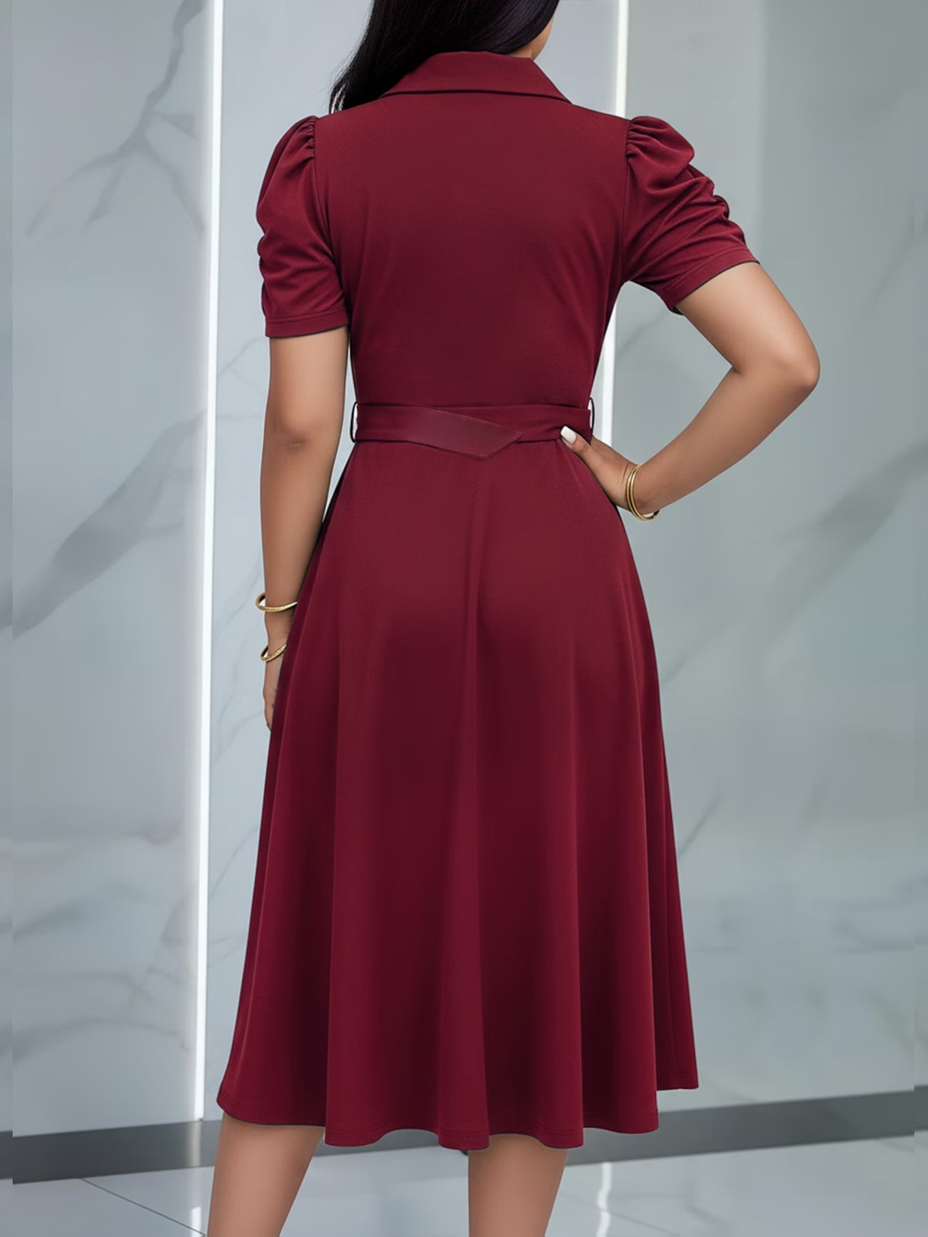 Women’s Lapel Collar Midi Dress with Tie Hem