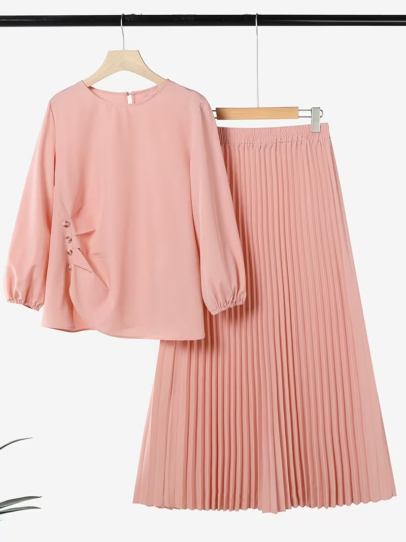 Sophisticated Button Detail Pleated Top & Skirt Co-Ord