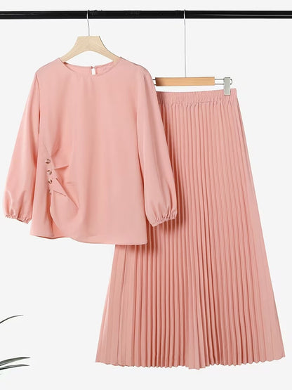 Sophisticated Button Detail Pleated Top & Skirt Co-Ord
