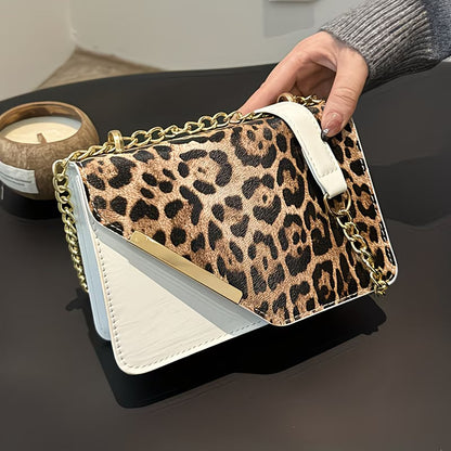 Women’s Leopard Patchwork Crossbody Bag – Magnetic Snap Vintage Shoulder Bag