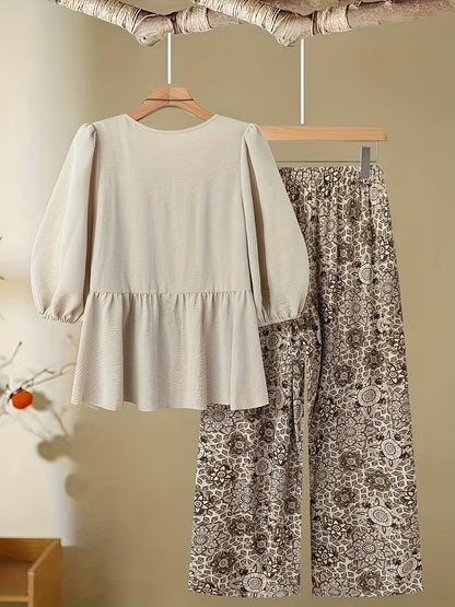 Curvy Chic Tie-Up Blouse & Wide-Leg Pants Co-Ord Set
