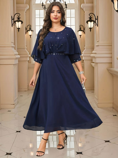 Elegant Plus Size Rhinestone Crew Neck Dress
