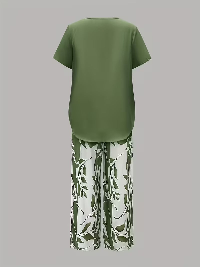 Graceful Tie-Neck Ruffle Top & Printed Pocket Trousers Set