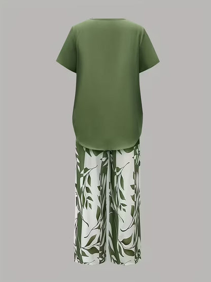 Graceful Tie-Neck Ruffle Top & Printed Pocket Trousers Set
