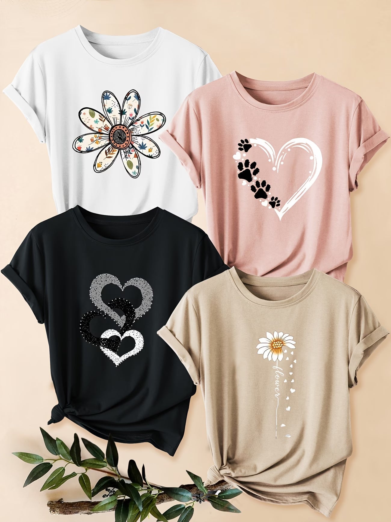 4PCS Women’s Vintage Valentine Print T-Shirts – Short Sleeve Round Neck Casual Tees