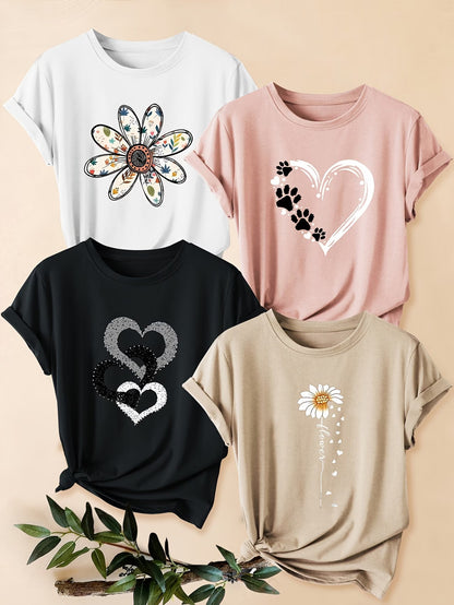 4PCS Women’s Vintage Valentine Print T-Shirts – Short Sleeve Round Neck Casual Tees