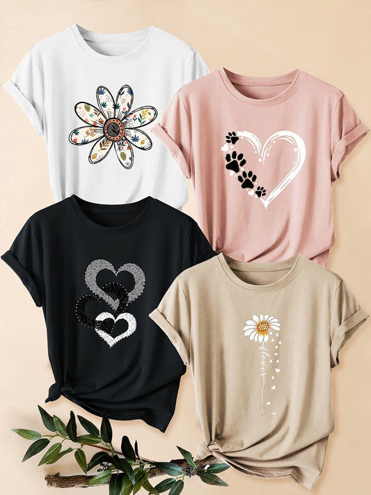 4PCS Women’s Vintage Valentine Print T-Shirts – Short Sleeve Round Neck Casual Tees