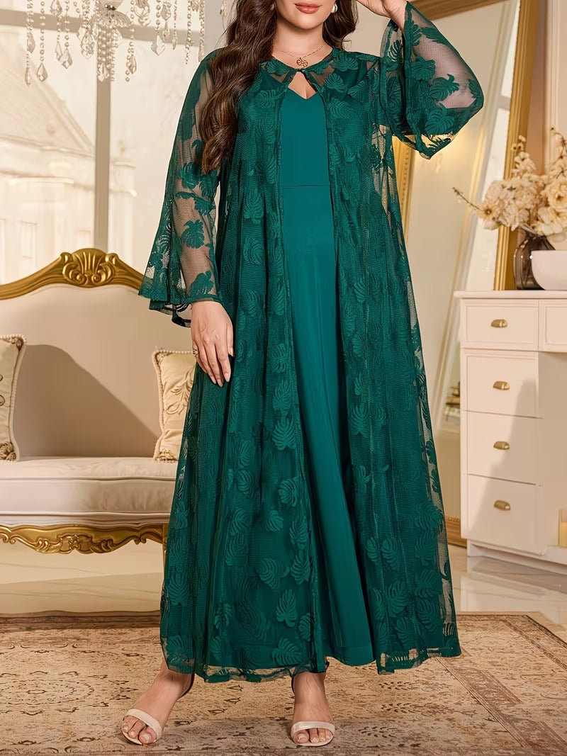 Luxury Plus Size Lace Cardigan with Lotus Sleeves & Elegant Maxi Dress