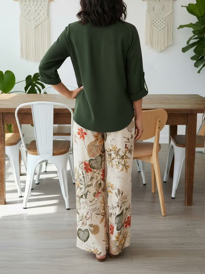 Graceful Tie-Neck Ruffle Top & Printed Pocket Trousers Set