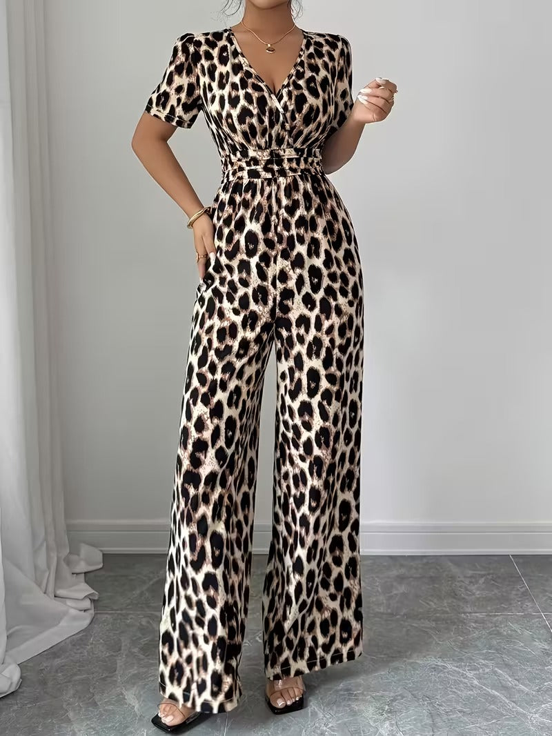Modern Contrast Print V-Neck Jumpsuit with Elastic Waist & Belt
