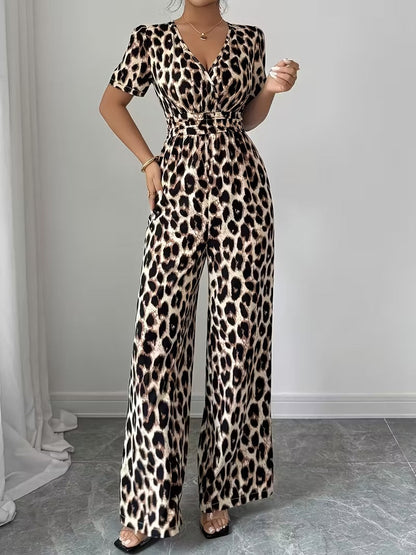 Modern Contrast Print V-Neck Jumpsuit with Elastic Waist & Belt