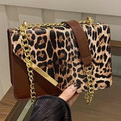 Women’s Leopard Patchwork Crossbody Bag – Magnetic Snap Vintage Shoulder Bag
