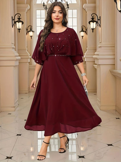 Elegant Plus Size Rhinestone Crew Neck Dress