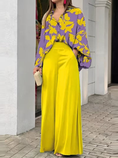 Versatile Plus Size V-Neck Printed Top & Wide-Leg Pants Outfit