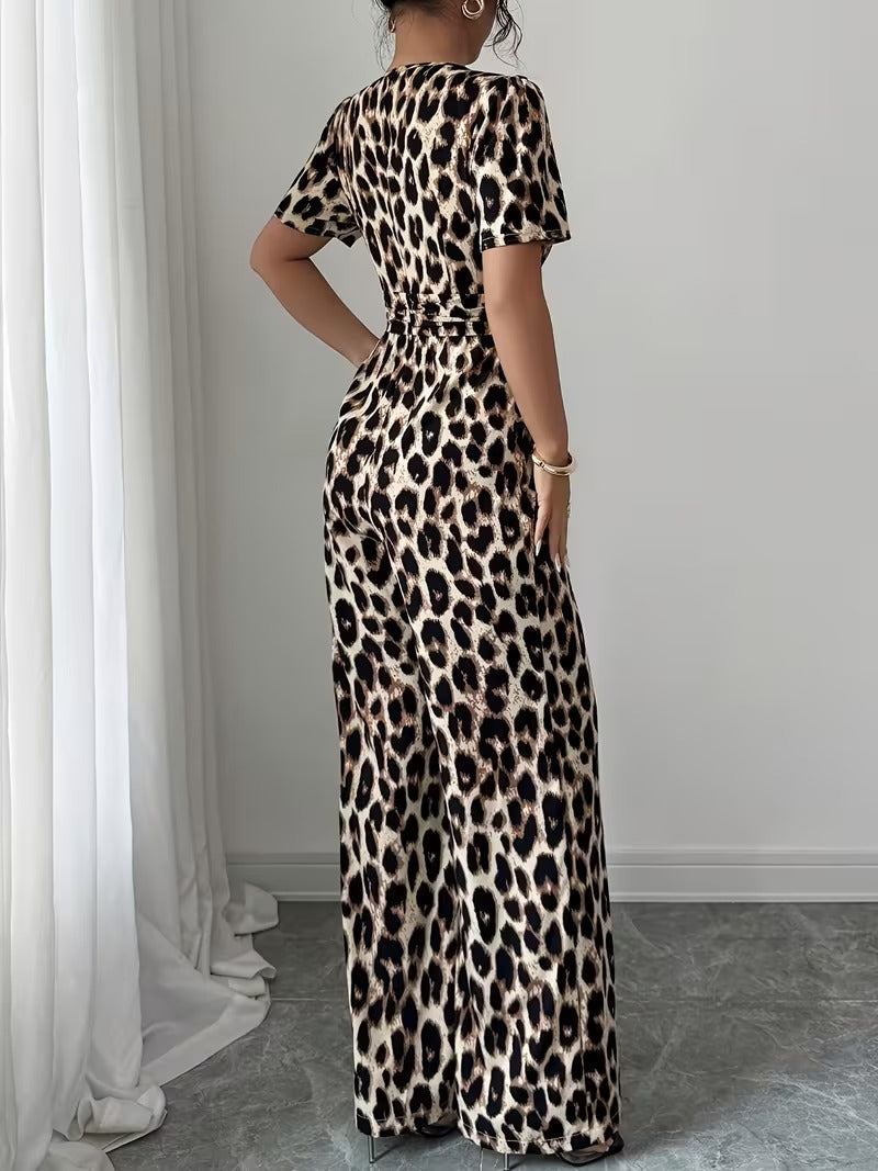 Modern Contrast Print V-Neck Jumpsuit with Elastic Waist & Belt