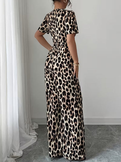 Modern Contrast Print V-Neck Jumpsuit with Elastic Waist & Belt