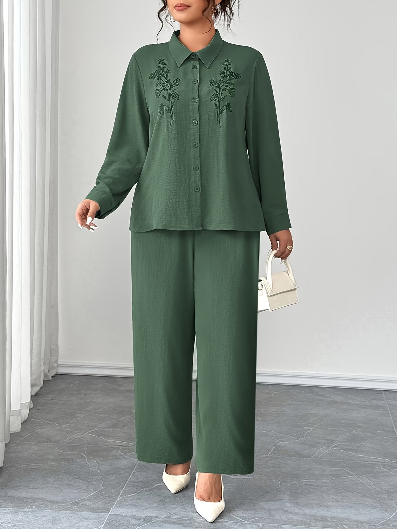 Plus Size Embroidered Oversized Co-Ord Set – Collared Shirt & Elastic Waist Straight-Leg Pants