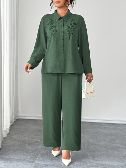 Plus Size Embroidered Oversized Co-Ord Set – Collared Shirt & Elastic Waist Straight-Leg Pants