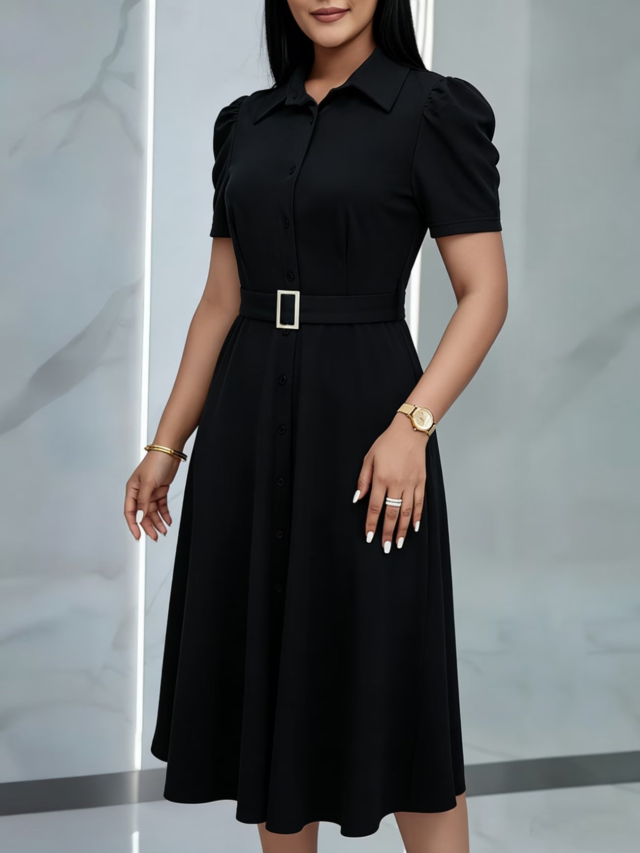 Women’s Lapel Collar Midi Dress with Tie Hem