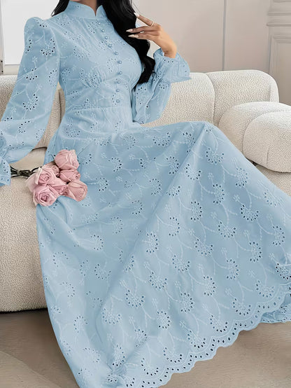French Embroidered Puff Sleeve Dress – Elegant Ruffle Stand Collar Style