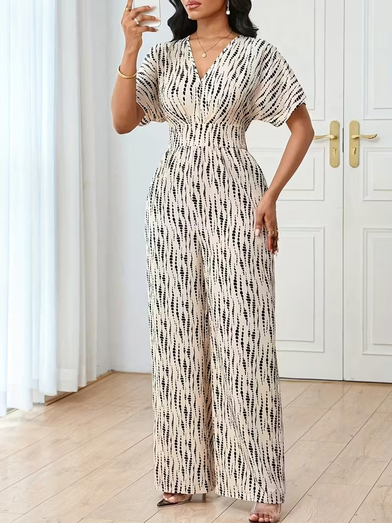 Modern Contrast Print V-Neck Jumpsuit with Elastic Waist & Belt
