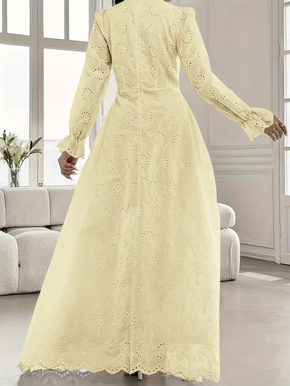French Embroidered Puff Sleeve Dress – Elegant Ruffle Stand Collar Style